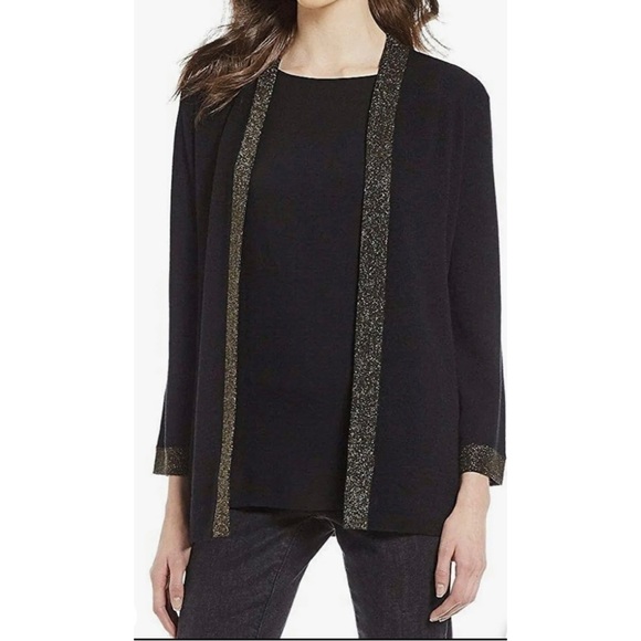 Eileen Fisher Womens Sz PM P M Black Gold ITALIAN Wool Cardigan Tassel Scarf Set - Picture 3 of 16